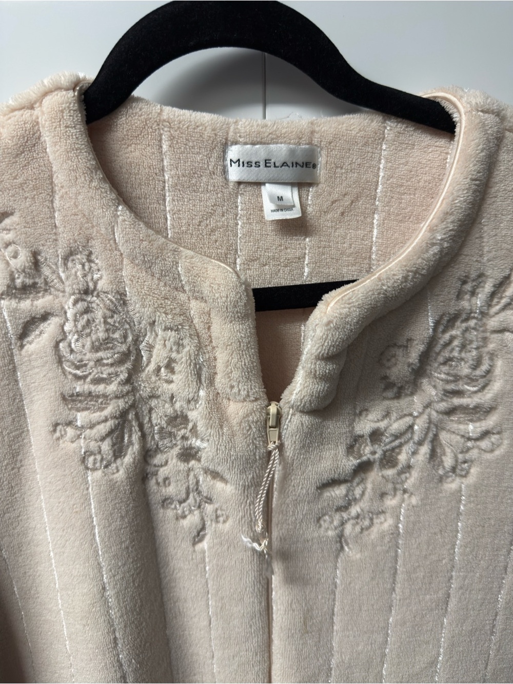 Miss Elaine Cream Plush Embroidered Zip-Up Teddy Jacket style house coat